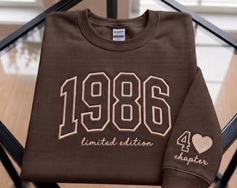 Individuell besticktes Sweatshirt mit Geburtsjahr 1986, Geschenk zum 40. Geburtstag, limitierte Auflage, Rundhalsausschnitt, personalisiertes Geburtstagsgeschenk