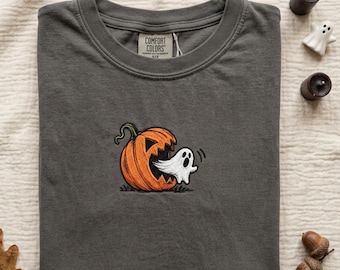 Besticktes Halloween-Shirt mit Kürbis und Geistermotiv, lustiges Halloween-Shirt, Geschenk für Halloween-Gamer, Halloween-Party-Shirt, Kürbis-Geister-Shirt