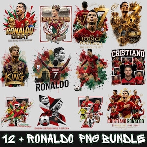 May include: A digital collection of twelve graphic illustrations featuring Cristiano Ronaldo in various poses, wearing Portugal team jerseys, with watercolor splashes, gold accents, and text including Ronaldo GOAT, King, and Icon of Football.