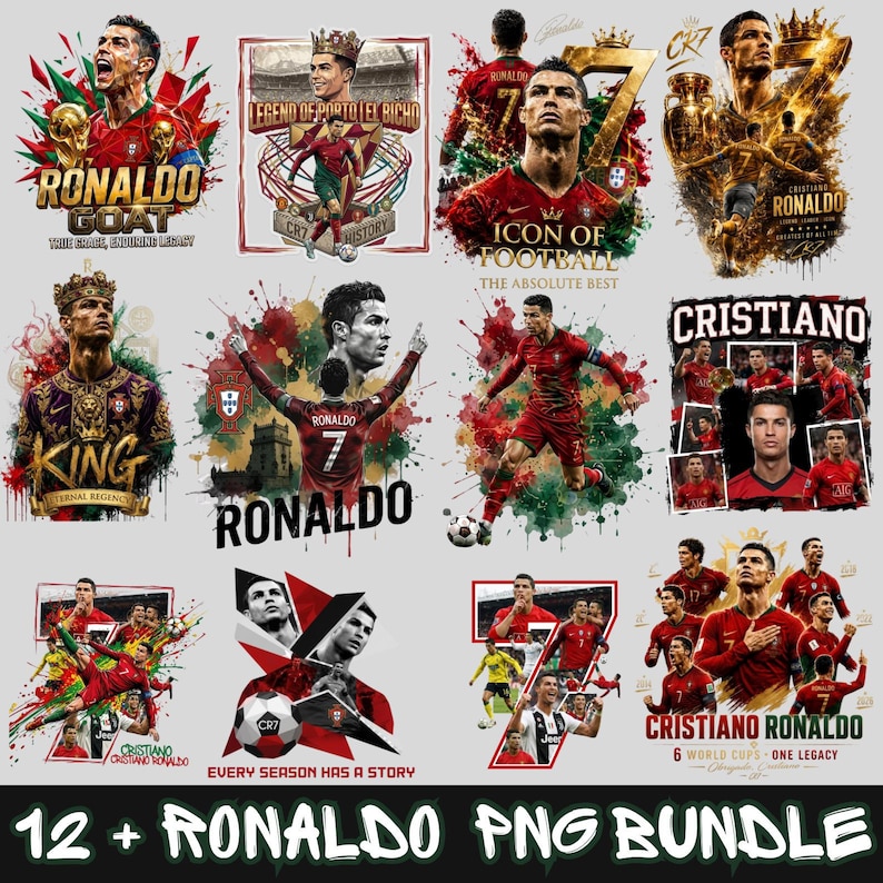 May include: A digital collection of twelve graphic illustrations featuring Cristiano Ronaldo in various poses, wearing Portugal team jerseys, with watercolor splashes, gold accents, and text including Ronaldo GOAT, King, and Icon of Football.