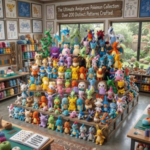 以下が含まれることがあります： 様々なポケモンのキャラクターを模した色とりどりの編みぐるみが並ぶ、多段式の木製ディスプレイ棚。上部の看板には「The Ultimate Amigurumi Pok&eacute;mon Collection: Over 200 Distinct Patterns Crafted.」と記されている。