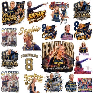 May include: A collection of digital graphic designs featuring basketball player Sophie Cunningham in an Indiana Fever jersey with the number 8. The designs include text such as Fearless Leader, Point God, Born to Lead, and Every Possession Matters.