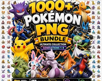 1000点以上の究極のポケモンPNGバンドル（第1世代～第9世代）：透明PNG、ピカチュウアート、ユニークなデザイン（デジタルダウンロード）