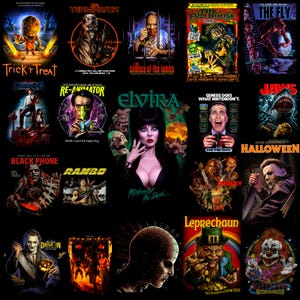 Könnte beinhalten: Eine Sammlung von Horror- und Actionfilmplakaten mit ikonischen Charakteren und Titeln wie Trick 'r Treat, The Terminator, The Silence of the Lambs, The Funhouse, The Fly, Re-Animator, Elvira, Jaws, Halloween, Black Phone, Rambo, Chucky, Leprechaun und Killer Klowns.