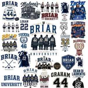 May include: A collection of Briar University hockey graphics featuring players in jerseys with numbers 22, 44, 46, and 66, hockey sticks, pucks, and text including Briar University, Malone's, Logan, Tucker, Graham, and Di Laurentis in blue, white, and gold.