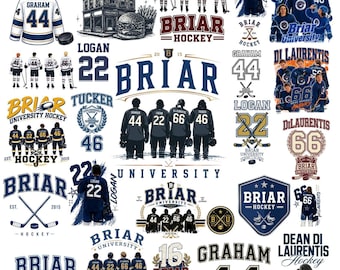 May include: A collection of Briar University hockey graphics featuring players in jerseys with numbers 22, 44, 46, and 66, hockey sticks, pucks, and text including Briar University, Malone's, Logan, Tucker, Graham, and Di Laurentis in blue, white, and gold.