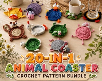 20-in-1 Häkelanleitungsset für Tier-Untersetzer | Tier-Becherhalter | Amigurumi-Stil | PDF-Anleitung + Tutorial