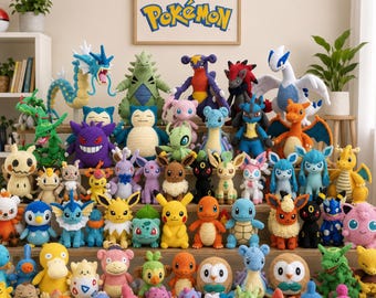 May include: A large collection of various colorful Pokemon characters crafted from yarn using crochet techniques. The display includes numerous small, medium, and large plush figures arranged on tiered shelving, featuring diverse shapes and designs.