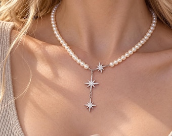 Pearl Starburst Necklace,Dainty Celestial Y Necklace, Silver Star Drop Pendant, Elegant Pearl Choker,Best Friend Gift, Birthday Gift for Her