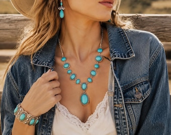 Set di gioielli boho turchesi per lei, collana, bracciale e orecchini in stile western, regalo rustico vintage per moglie, mamma, sorella, compleanno