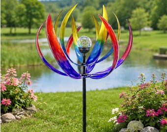 Solar Tulip Wind Spinner, Metal Garden Decor, Color Changing LED, Outdoor Yard Lawn Patio