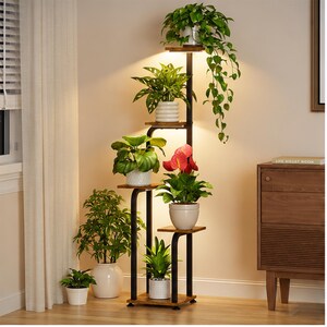 46" Vertical Plant Stand with LED Grow Lights, 5-Tier Metal Shelf, Corner Rack