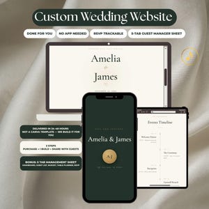 Può includere: Un sito web di matrimonio personalizzato su laptop, smartphone e tablet con i dettagli di Amelia e James. Il testo include Custom Wedding Website, Done For You, No App Needed, RSVP Trackable e 5-Tab Guest Manager Sheet.