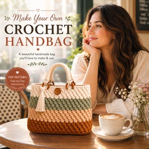 May include: A crochet handbag featuring horizontal stripes in cream, sage green, peach, and terracotta. The bag has two cream-colored handles attached with wooden rings, a central wooden button closure, and a cream tassel hanging from one side.