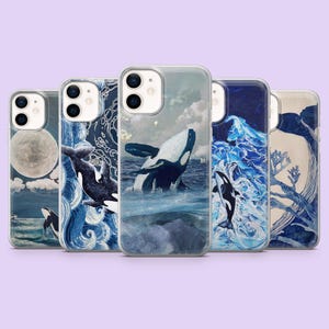 May include: Five clear smartphone cases arranged in a row, each featuring a unique artistic illustration of orcas in blue ocean waters. The designs include depictions of whales breaching, swimming through waves, and interacting with a full moon and clouds.