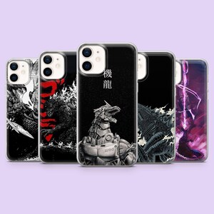 May include: Five smartphone cases featuring various monster and mechanical creature illustrations. The center case displays a metallic robot with the Japanese characters 機龍, while others show dark, detailed scenes of creatures with red and purple accents.