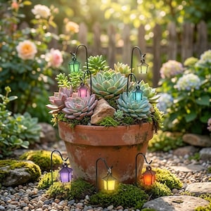 7PCS Fairy Garden Lantern Stakes, Mini Resin Glow Lanterns, Tiny Garden Decor for Succulent Pots, Terrariums & Miniature Landscapes