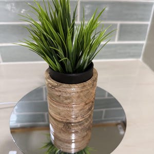 Pode incluir: Um vaso cilíndrico de madeira com um padrão natural de veios de madeira castanho-claro e um acabamento liso e polido. O vaso contém um recipiente interior preto preenchido com uma planta artificial de erva verde com folhas longas e pontiagudas.