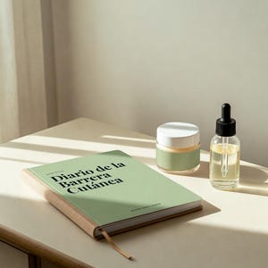 Puede incluir: Un diario de color verde claro con el texto Diario de la Barrera Cutánea impreso en la portada, acompañado de un pequeño tarro redondo con tapa blanca y un frasco cuentagotas de vidrio transparente con un líquido amarillo claro.