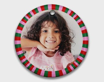 Holiday Multi Stripe Ceramic 3" Round Personalized Ornament