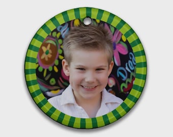 Happy Life Stripe Ceramic 3" Round Personalized Ornament
