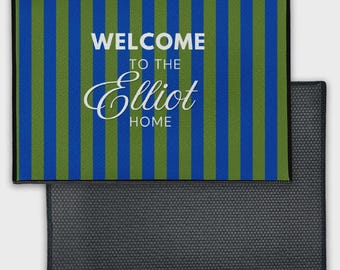 Cobalt + Moss Stripe - Personalized Welcome Mat