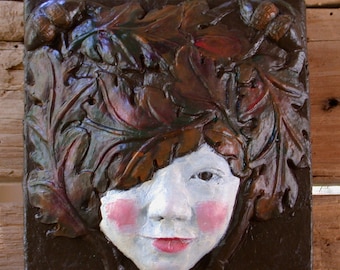 Clay Relief Sculpture, Oak Leaf Face, Garden Art, Wall Decor, Clay Garden Art, Clay Decor