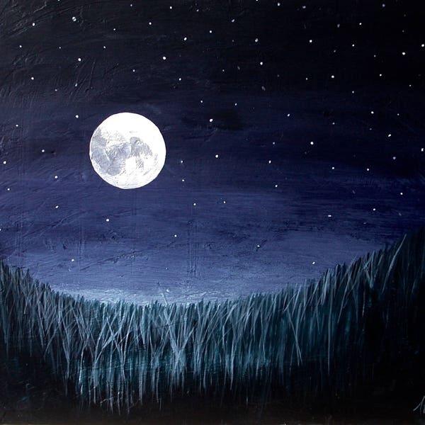 Night Landscape, Full Moon Fine Art Original Painting, Starry Night, Night Sky