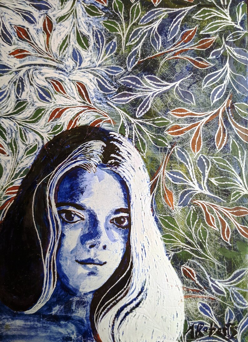 Moonshine Woman and Leaves Original Fine Art Painting Moonlight