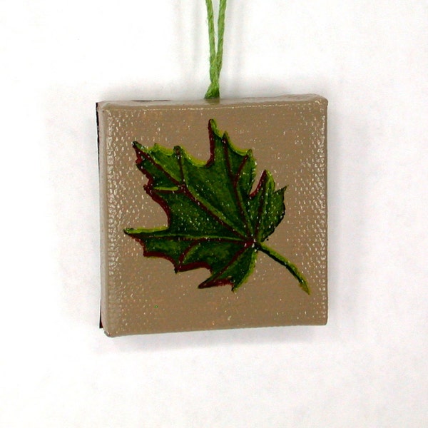 Green Maple Leaf, Original Miniature Painting, Bottle Decor, Hostess Gift, Green Bottle Decor
