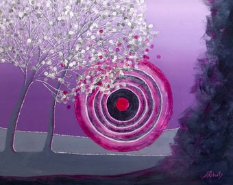 Bullseye, Surreal Landscape Collage Painting, Sunset Painting, Purple, Magenta