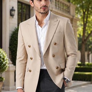 Beige dubbelknäppt kavaj för män, slim fit kavaj, sportig kappa för formellt bröllop