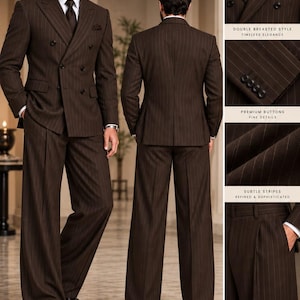 Può includere: Un abito doppiopetto marrone scuro con sottili gessature, caratterizzato da pantaloni a gamba larga, una camicia bianca con colletto e una cravatta marrone scuro. L'abito include bottoni premium, due tasche laterali e un taglio sartoriale.