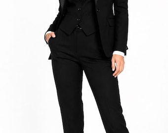 Women's Black 3-Piece Suit Set, Blazer Vest Trousers, Formal Business Wear