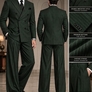 Custom Dark Green Pinstripe Double-Breasted 3-Piece Suit, Wide-Leg Menswear
