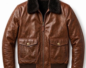 Men's Brown Leather Bomber Jacket | Genuine Shearling Collar Aviator Flight Jacket