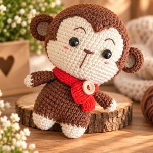 May include: A crocheted monkey doll featuring dark brown and cream yarn, black plastic eyes, and a bright red scarf secured with a single light-colored wooden button. The monkey has rounded ears, white-tipped hands and feet, and embroidered details.