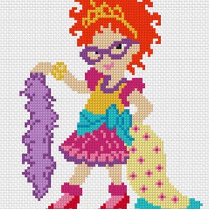 May include: A cross-stitch pattern featuring a character with bright orange hair, a gold crown, and purple glasses. The character wears a yellow top, a pink skirt with a blue bow, and red boots, while holding a purple boa and a yellow patterned cape.