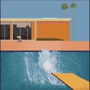May include: A pixel art cross stitch pattern depicting a swimming pool with a yellow diving board and a splash of water. In the background, a modern orange building with large glass windows and two tall palm trees stands under a clear blue sky.