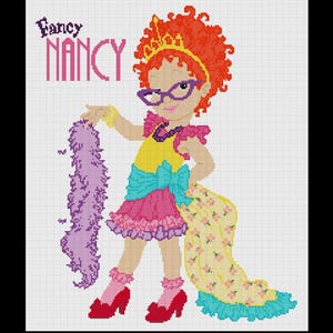 May include: A cross-stitch pattern featuring the character Fancy Nancy with bright red curly hair, a yellow crown, purple glasses, a yellow top, a pink ruffled skirt, a blue sash, and red shoes, holding a long purple feather boa with floral train.