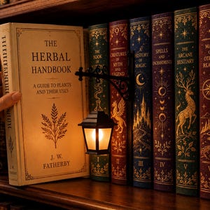 Op de afbeelding: Een crèmekleurig boek getiteld The Herbal Handbook door J.W. Fatherby naast een rij van zes decoratieve boeken met goudkleurige ruggen. Een zwarte metalen wandlantaarn met een gloeiend licht is aan de zijkant van de boekenreeks bevestigd.
