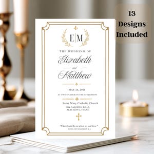 May include: A white wedding invitation card with a gold border, featuring the text "The Wedding of Elizabeth and Matthew," date "May 24, 2025," location "Saint Mary Catholic Church," and the quote "I have found the one whom my soul loves."