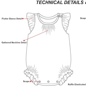 May include: A sage green romper featuring flutter sleeves, a gathered neckline, and a back keyhole with a snap closure. The technical illustration displays the front and back views, highlighting the ruffle elasticated leg openings and snaps.