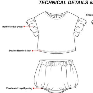 Tech Pack för babytopp med volangärm, platta vektorskisser för mode, teknisk ritning för plagg, Adobe Illustrator AI PDF