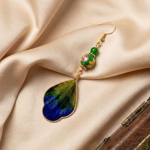 Boho elegant style, peacock green blue silk thread drop, summer vacation outfit jewelry