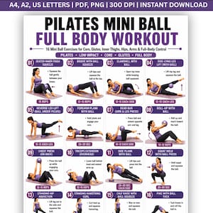 Könnte beinhalten: Ein Pilates-Miniball-Ganzkörpertrainingsplan mit 16 nummerierten Übungsdarstellungen und violetten Akzenten. Das Poster enthält schriftliche Anleitungen für Rumpf-, Gesäß- und Oberschenkelübungen und ist in den Formaten A4 und A2 zum Download verfügbar.