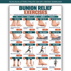Op de afbeelding: Een digitale kaart getiteld Bunion Relief Exercises met 16 genummerde instructiepanelen. Elk paneel toont een foto van voeten of benen die specifieke mobiliteits- en rekoefeningen uitvoeren, vergezeld van tekstinstructies en het aantal herhalingen.