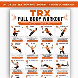 May include: A digital workout chart titled TRX FULL BODY WORKOUT featuring 16 numbered exercise illustrations. Each section displays a person performing a specific suspension movement with descriptive text, repetition counts, and instructional guidance.