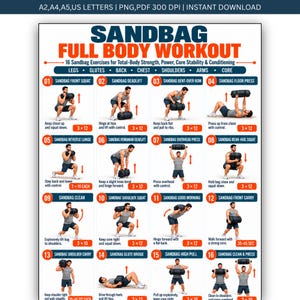 Sandbag Exercises Printable, Full Body Sandbag Strength Workout, Functional Training Routine, Home Gym Exercise Chart Fitness Poster PDF