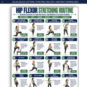 Könnte beinhalten: Ein digitales Poster mit dem Titel Hip Flexor Stretching Routine, das 16 nummerierte Übungsillustrationen zeigt. Jeder Abschnitt enthält eine grüne Überschrift, einen beschreibenden Titel, eine Figur und Anleitungen für 16 Dehnübungen.